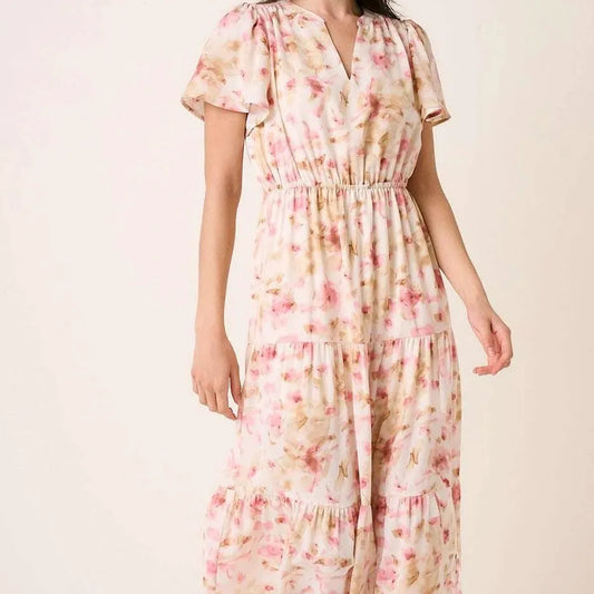 Flower Print Flutter Sleeve V Slit Maxi Dress — square view — Livostyle