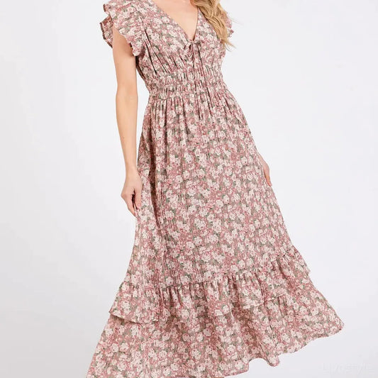Flower Print Ruffle Cap Sleeve V-neck Midi Dress in Mauve — square view — Livostyle