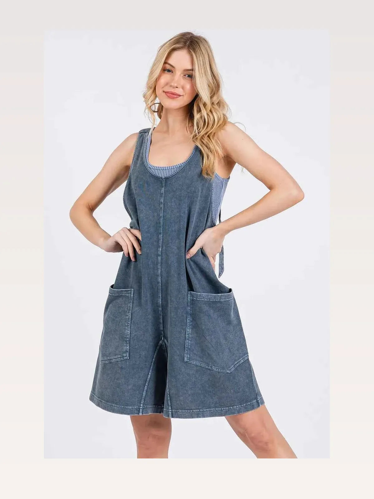 Blue Denim Scoop Neck Sleeveless French Terry Tank Romper — styled showcase — Livostyle