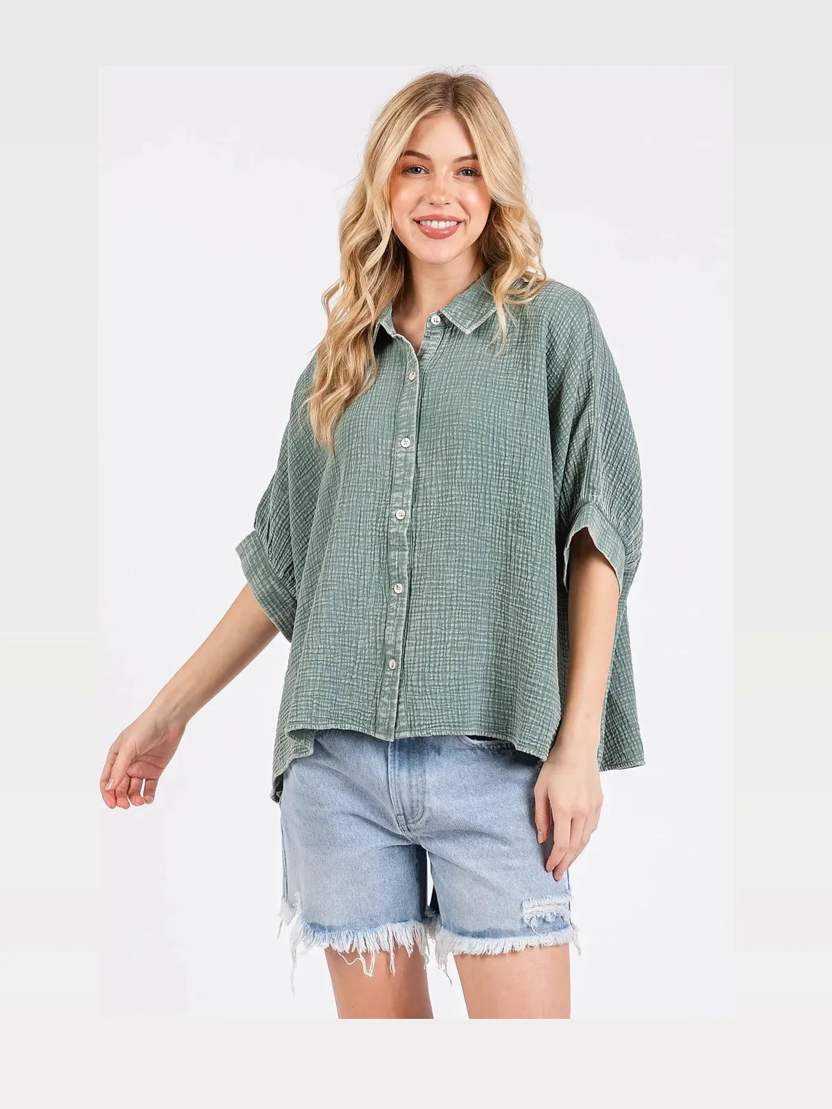 Mineral Wash Gauze Dolman Sleeve Button Down Shirt in Dusty — styled showcase — Livostyle