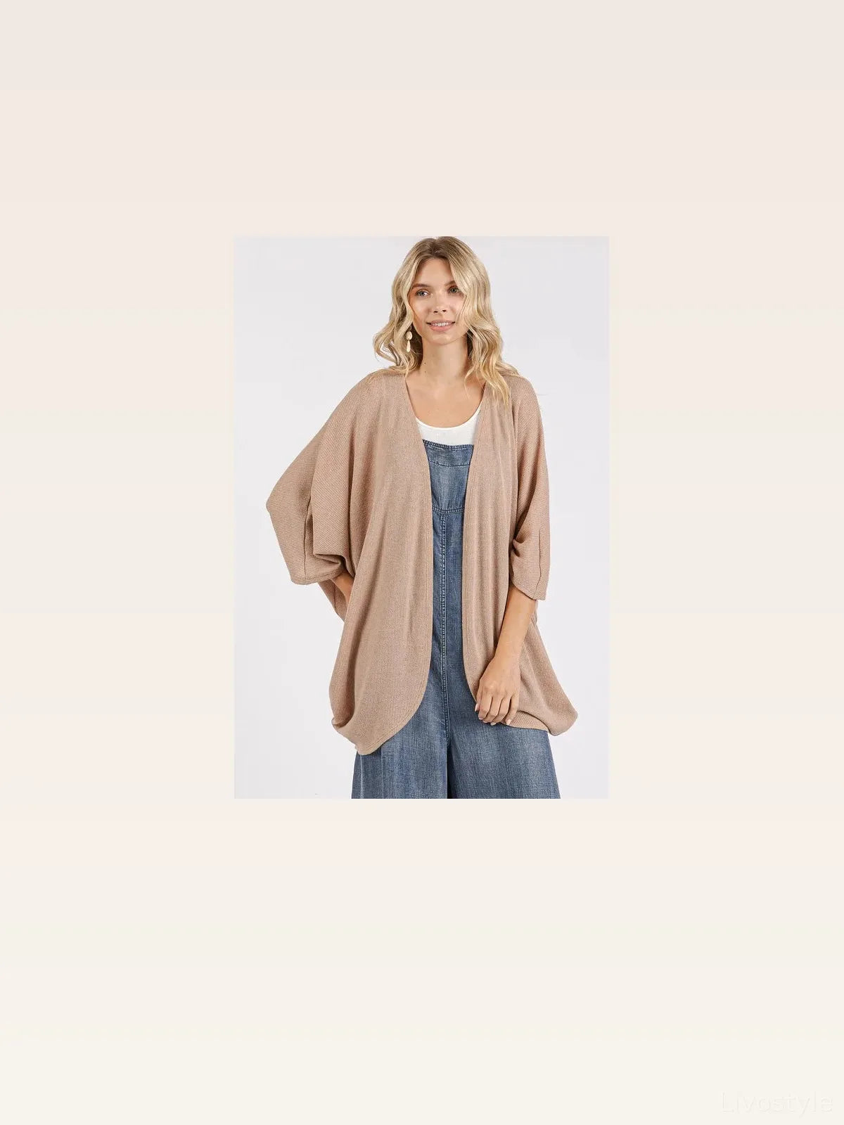 Open Front Batwing Sleeve Cardigan in Camel — styled showcase — Livostyle