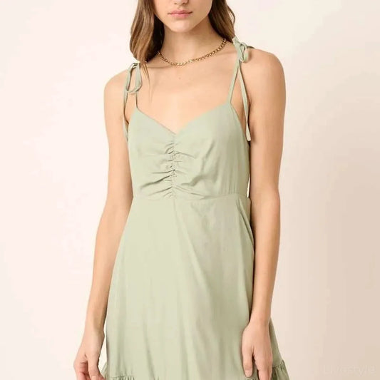 Ruched Detail Spaghetti Tie Mini Dress in Sage — square view — Livostyle