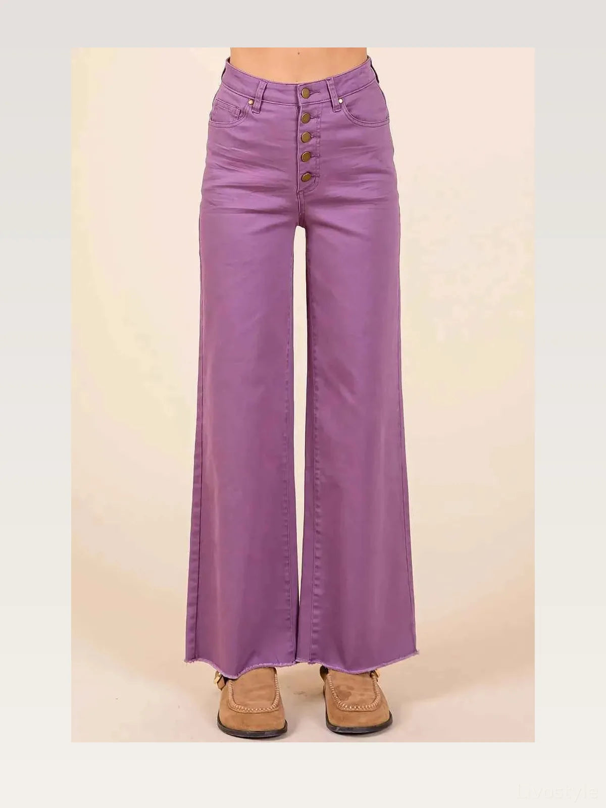 High Waist Wide Leg Twill Pants with Button Fly — styled showcase — Livostyle