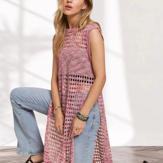 Vibrant Bohemian Crochet Tunic Top in PINK — square view — Livostyle