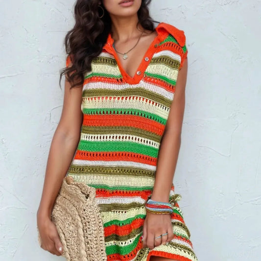 Openwork Stripe Sleeveless Sweater Dress — square view — Livostyle