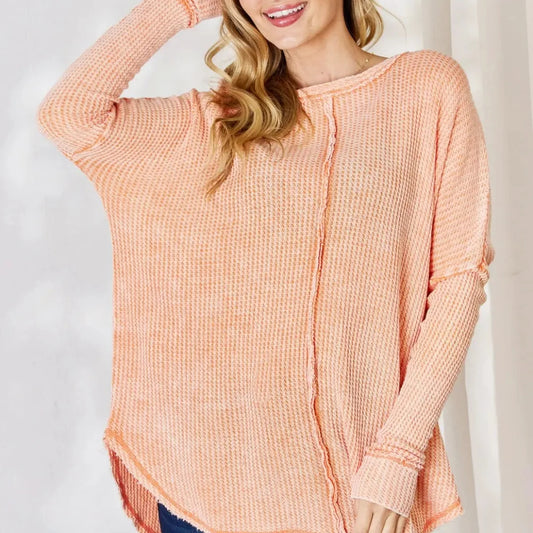 Oversized Washed Waffle Long Sleeve Top — square view — Livostyle