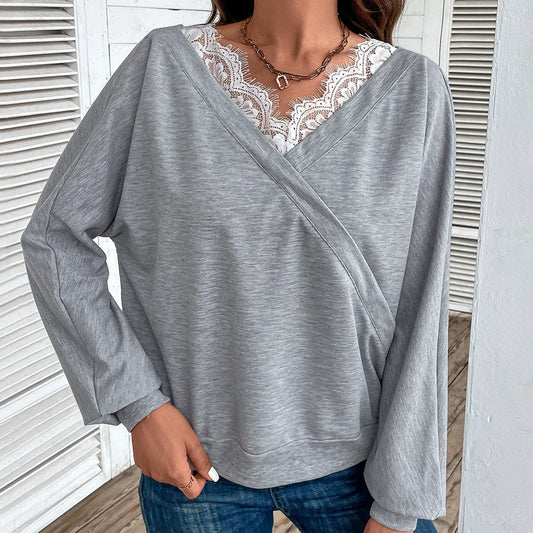 Lace Detail Long Sleeve Top — square view — Livostyle