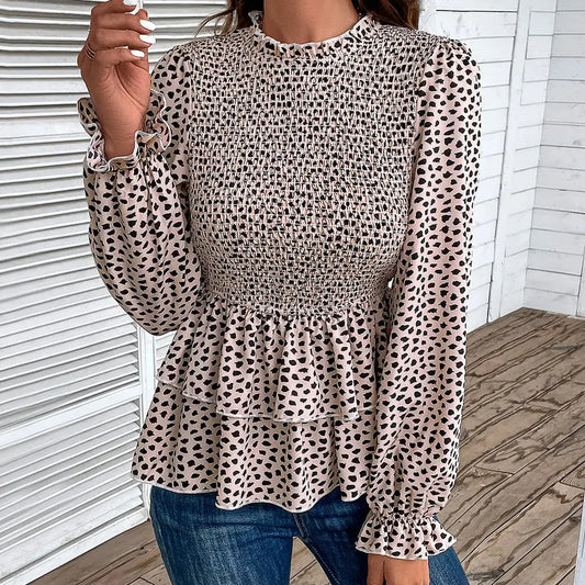 Printed Round Neck Smocked Flounce Sleeve T-Shirt — square view — Livostyle