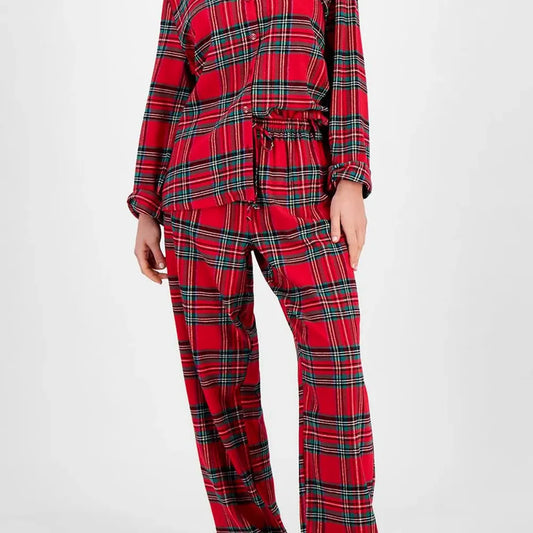 Plaid Collared Neck Button Up Top and Pants Lounge Set — square view — Livostyle