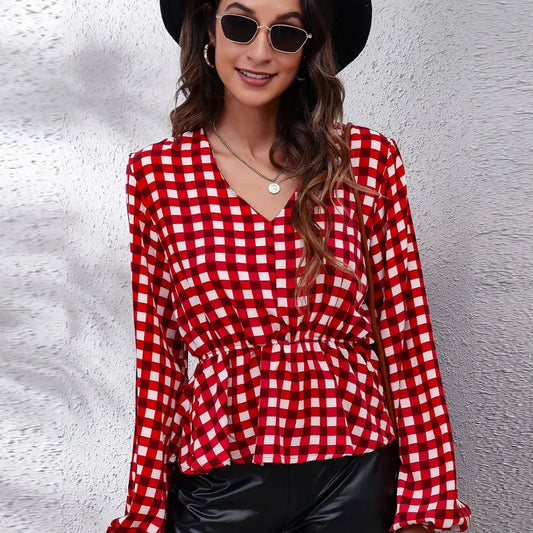Plaid V-Neck Balloon Sleeve Peplum Blouse — square view — Livostyle