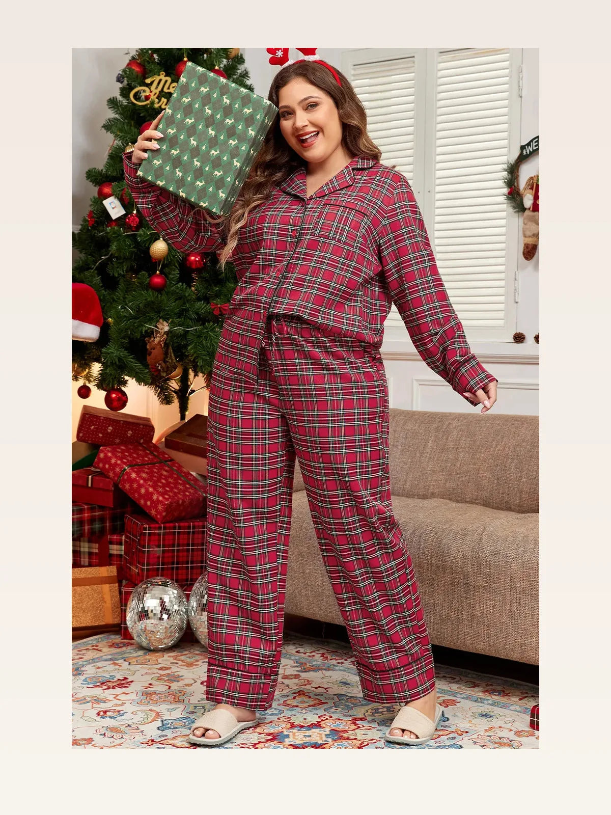 Plaid Collared Neck Top and Pants Lounge Set — styled showcase — Livostyle