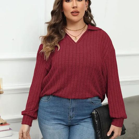 Ribbed Collared Neck Long Sleeve Blouse — square view — Livostyle