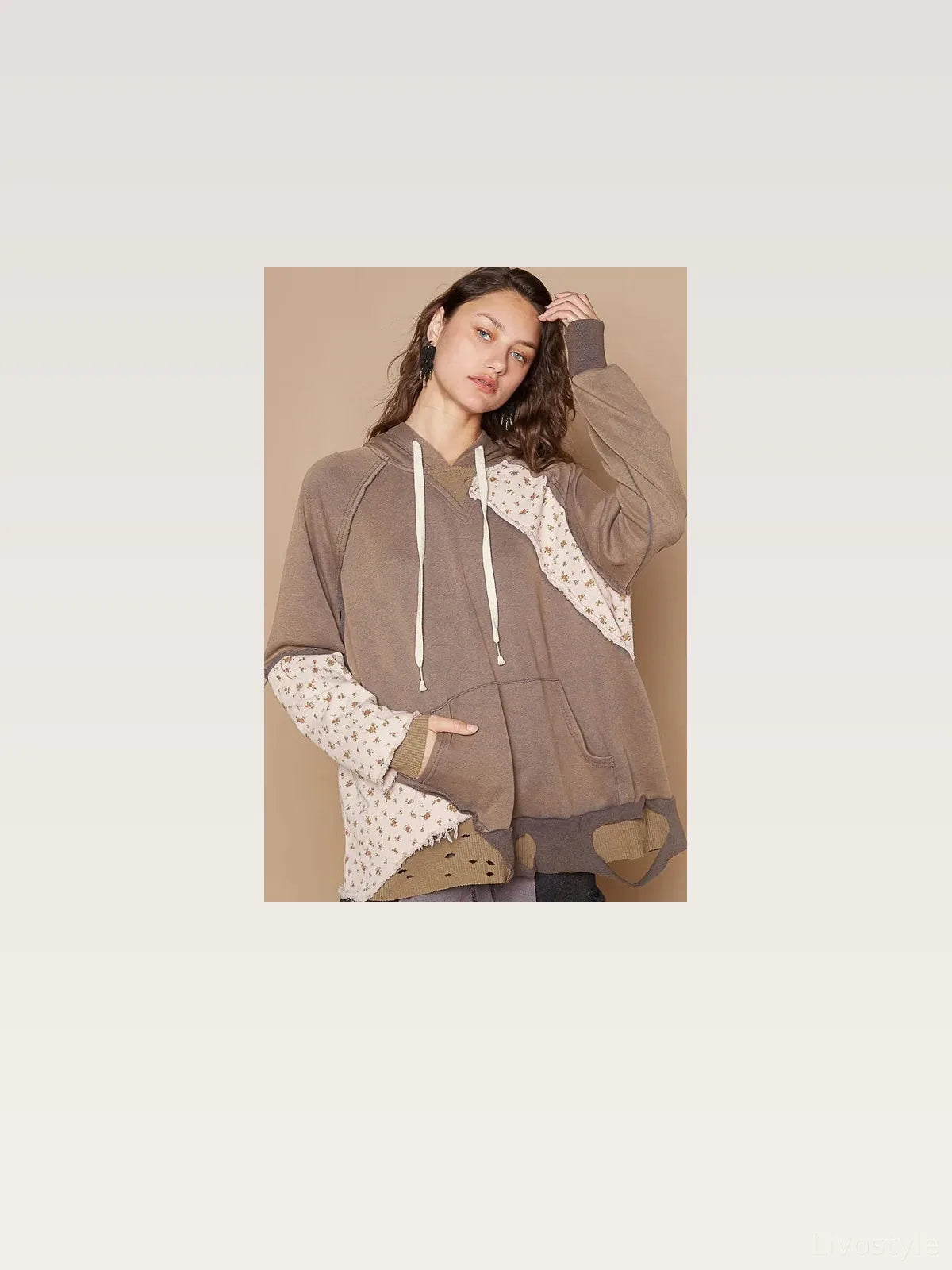 Floral Patchwork Distressed Drawstring Hoodie — styled showcase — Livostyle