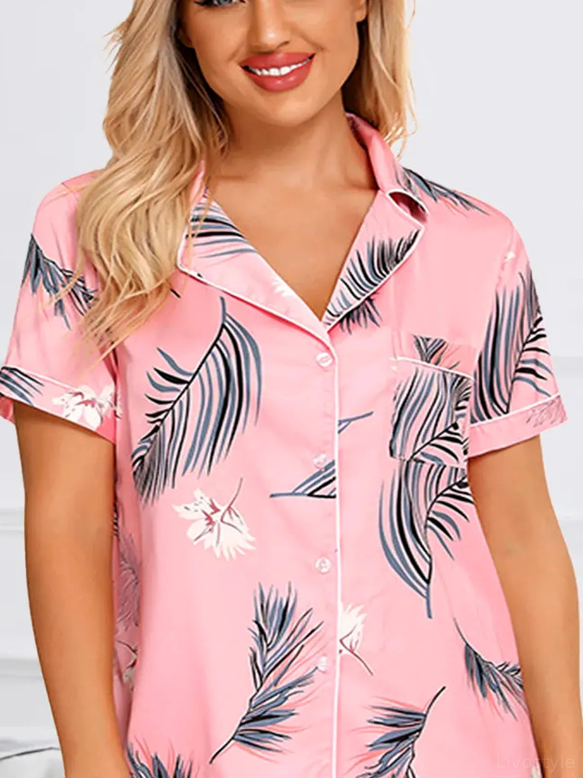 Printed Button Up Short Sleeve Top and Shorts Lounge Set — detail view — Livostyle