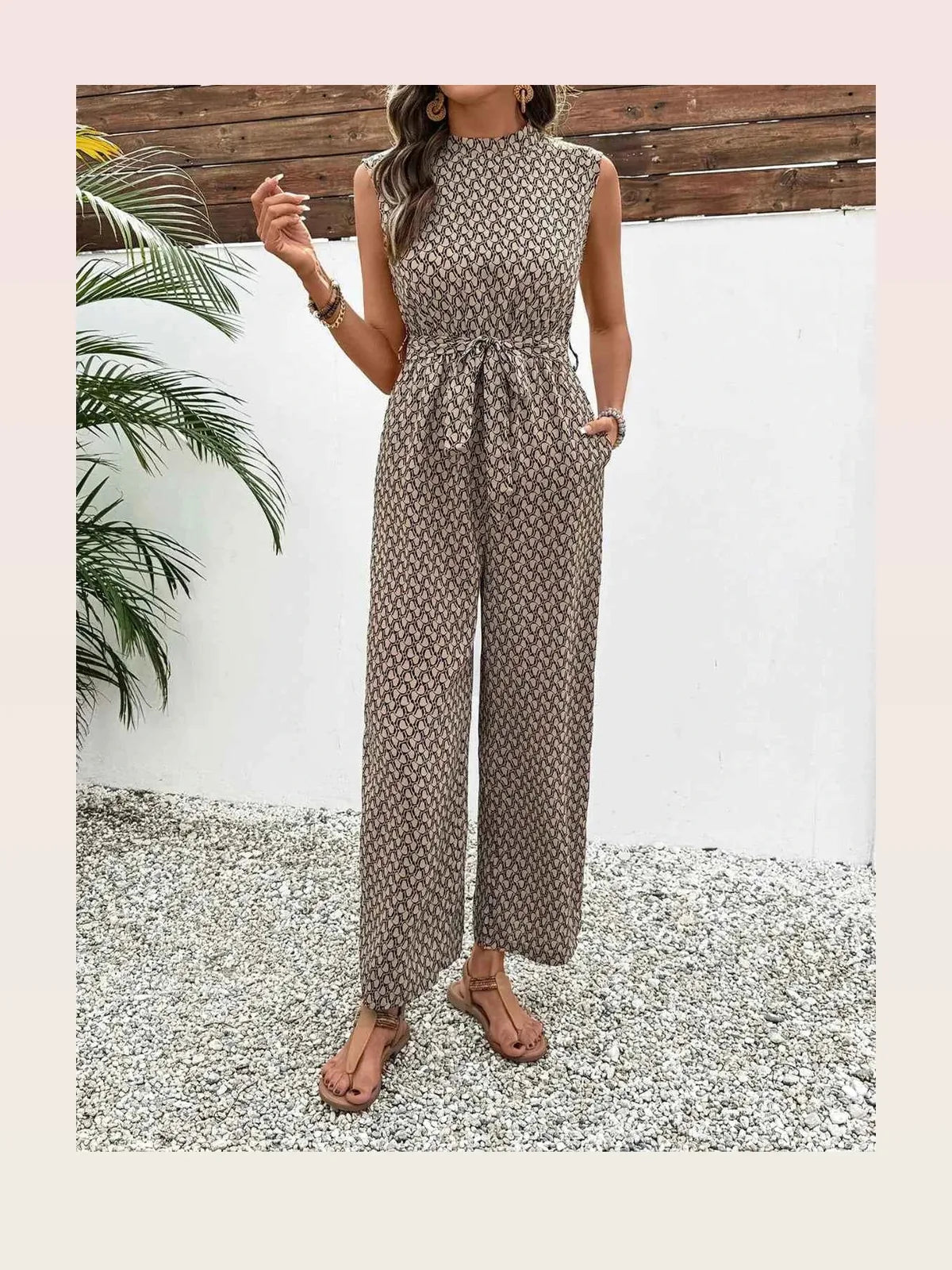 Printed Mock Neck Sleeveless Jumpsuit with Tie Waist – photo 3