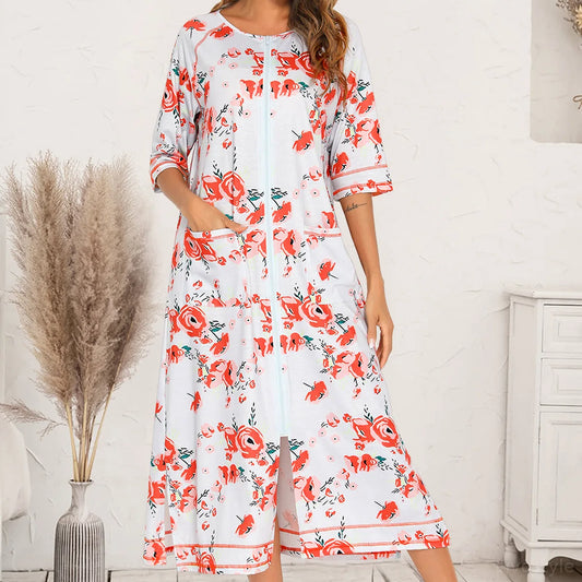Printed Slit Night Dress with Pockets — square view — Livostyle