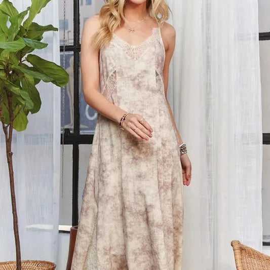Chic Midi Dress with Lace Detail and Spaghetti Straps — square view — Livostyle