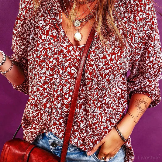 Printed Tie Neck Balloon Sleeve Blouse – full product view