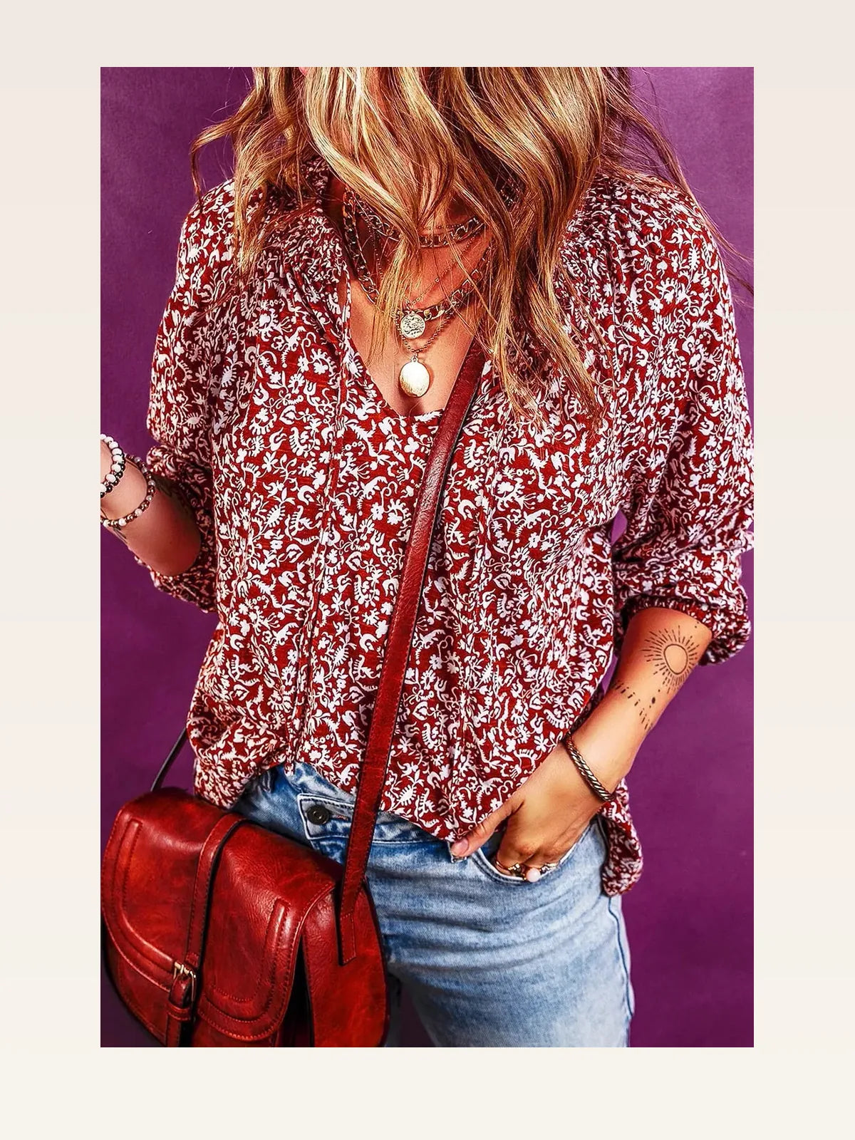 Printed Tie Neck Balloon Sleeve Blouse – styled outfit view