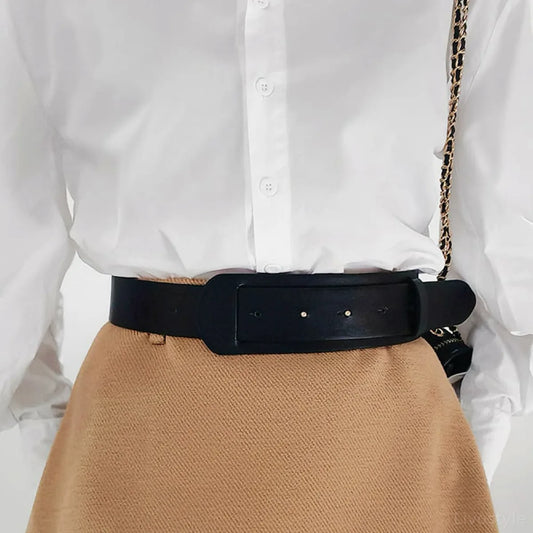 Caramel Belted A-Line PU Leather Belt — square view — Livostyle