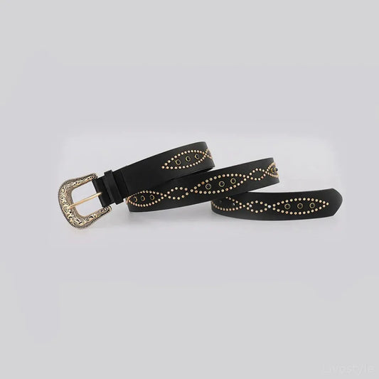 Black Gold Decorative PU Leather Rhinestone Belt — square view — Livostyle