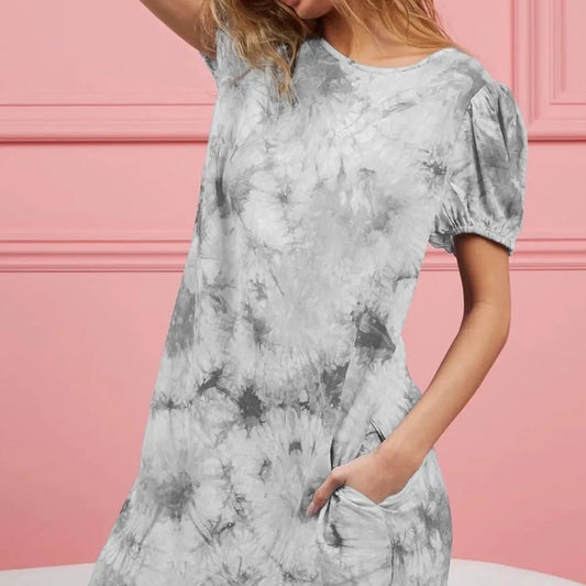 Trendy Puff Sleeve Tie Dye Dress with Pockets — square view — Livostyle
