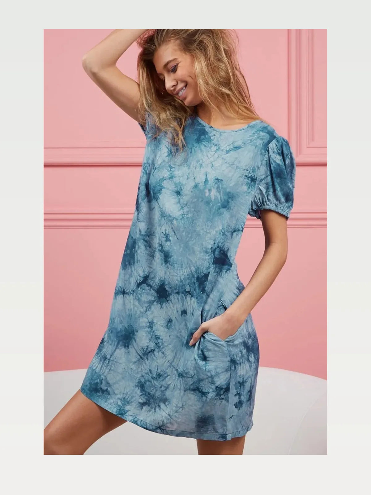 Stylish Tie-Dye Puff Sleeve Dress with Side Pockets — styled showcase — Livostyle