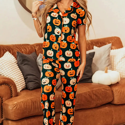 Pumpkin Printed Short Sleeve Top and Pants Lounge Set — square view — Livostyle