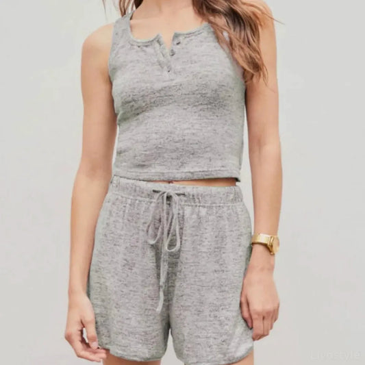 Quarter Button Sleeveless Top and Drawstring Shorts Lounge S — square view — Livostyle