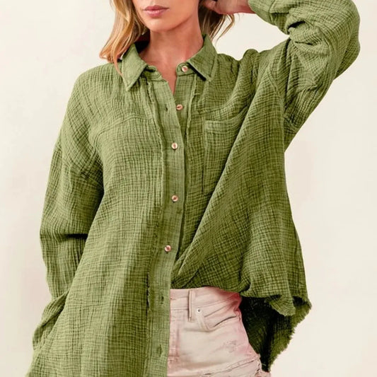 Casual Mineral-Washed Loose Fit Shirt with Raw Edge Detailin — square view — Livostyle
