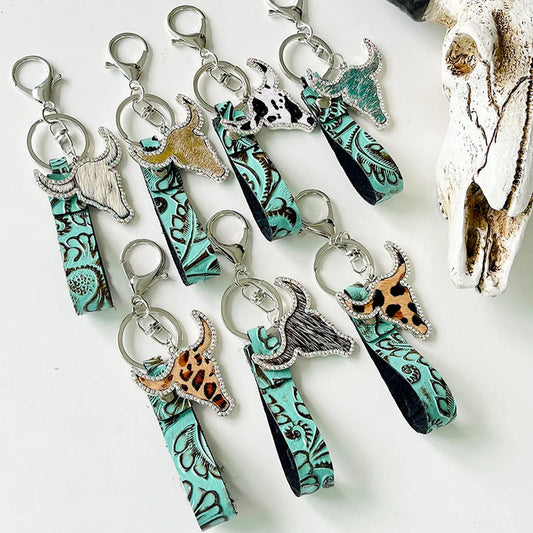 Floral Cowhide Rhinestone Bull Keychain — square view — Livostyle