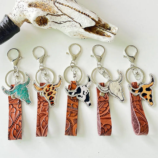 Leopard Faux Leather Rhinestone Bull Keychain — square view — Livostyle
