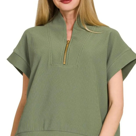 Ribbed High Neck Half Zip Top — square view — Livostyle