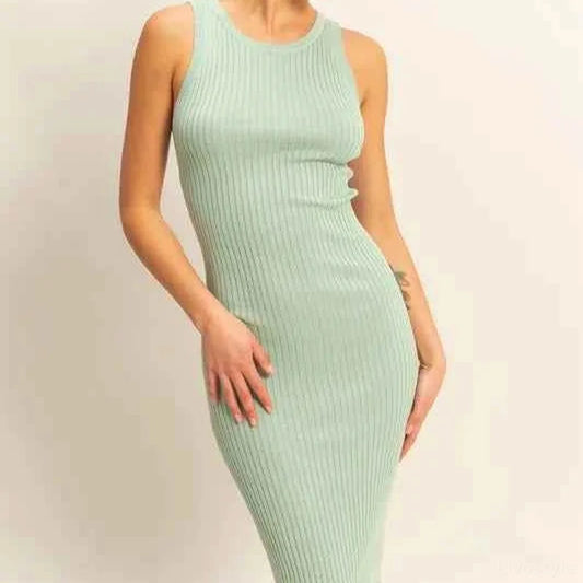 Ribbed Round Neck Sleeveless Knit Midi Dress — square view — Livostyle