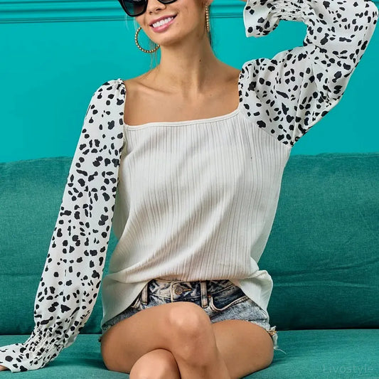 Chic Leopard-Sleeved Ribbed Top in Premium Cotton Blend — square view — Livostyle