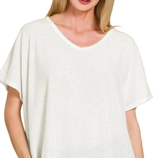 Ribbed V-Neck Short-Sleeve Knit Top in Off White — square view — Livostyle