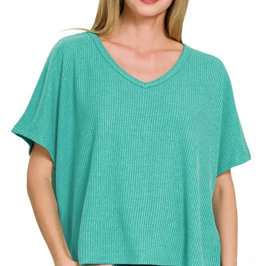 Ribbed V-Neck Short-Sleeve Knit Top in Lt Teal — square view — Livostyle