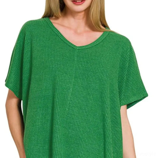 Ribbed V-Neck Short-Sleeve Knit Top in K Green — square view — Livostyle