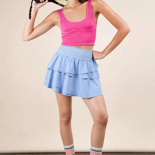 Riffled Tiered Layers Activewear Skirt with Shorts — square view — Livostyle