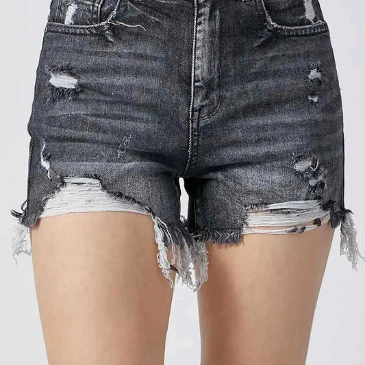 High Rise Distressed Denim Shorts in Black — square view — Livostyle
