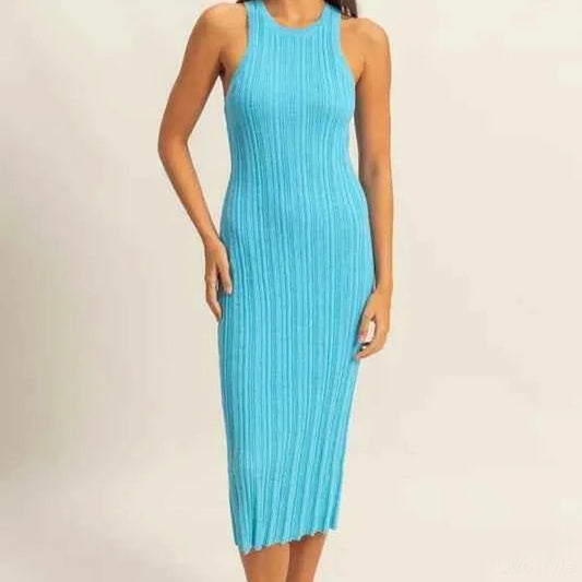 Round Neck Bodycon Ribbed Knit Dress in BLUE — square view — Livostyle