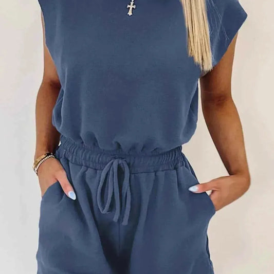 Round Neck Drawstring Waist Romper — square view — Livostyle