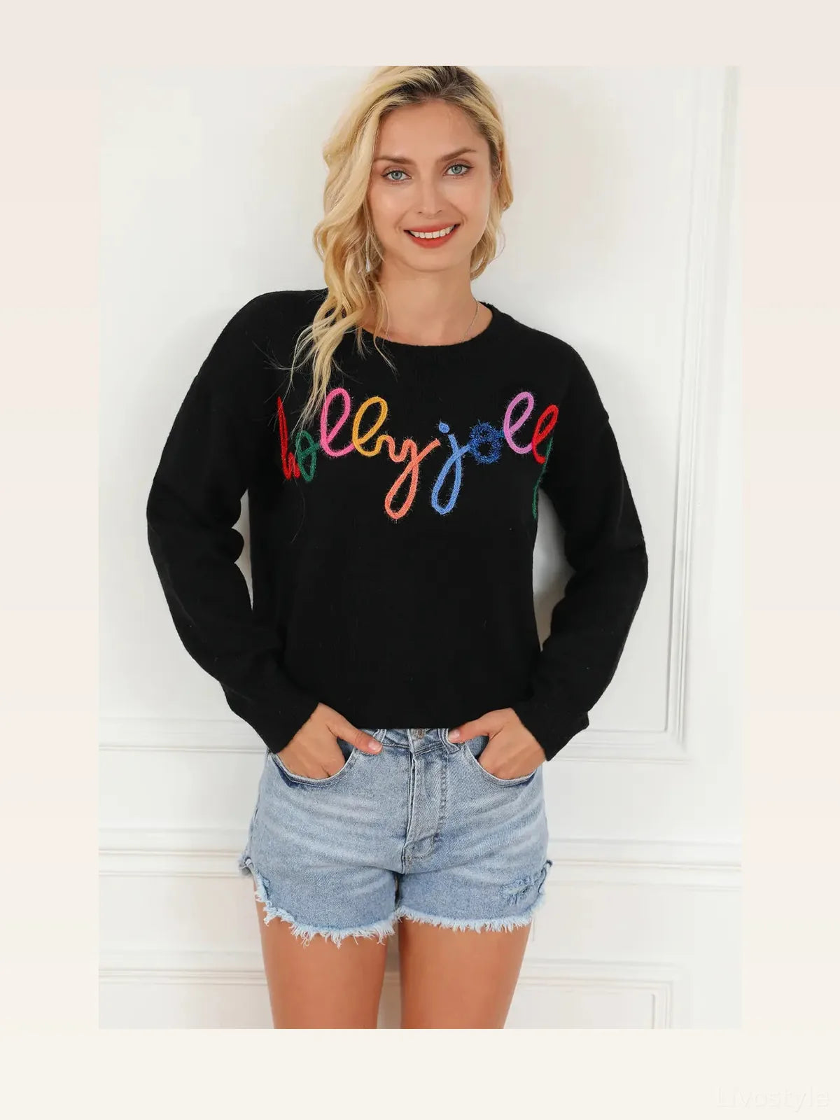 Black Red Embroidered Round Neck Long Sleeve Sweater — styled showcase — Livostyle