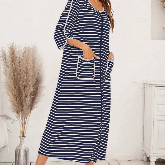 Round Neck Three-Quarter Sleeve Midi Night Dress — square view — Livostyle