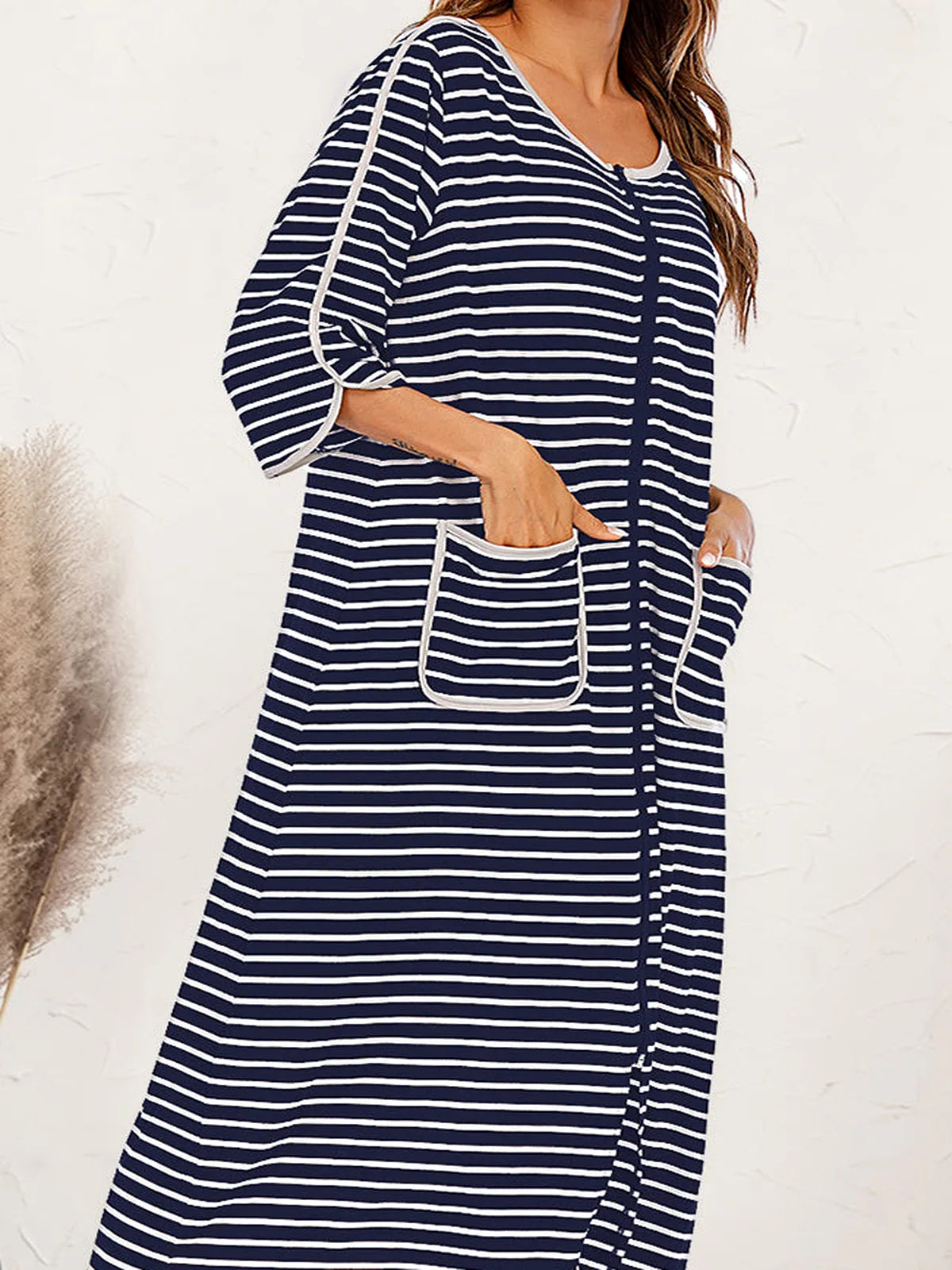 Round Neck Three-Quarter Sleeve Midi Night Dress — detail view — Livostyle
