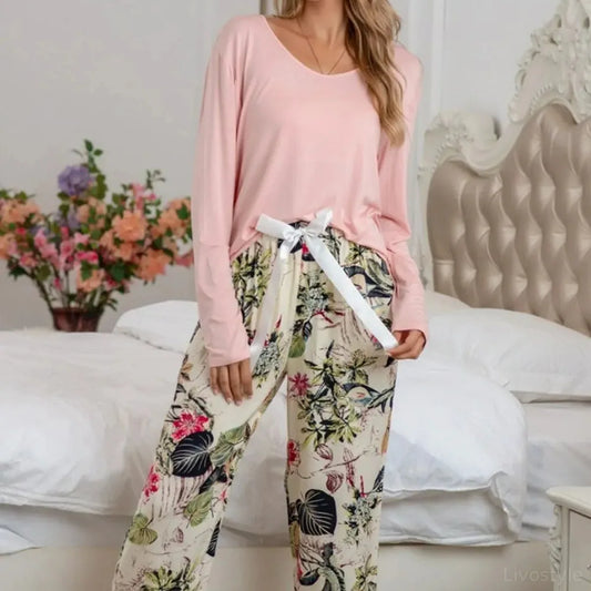 Round Neck Top and Printed Pants Lounge Set — square view — Livostyle