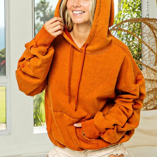 Stylish Ruched Fleece Hoodie with Long Sleeves — square view — Livostyle