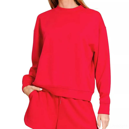 Scuba Long Sleeve Sweatshirt and Shorts Set in RUBY — square view — Livostyle