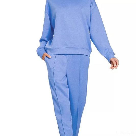 Scuba Mock Neck Sweatshirt and Joggers Set in CORNFLOWER BLU — square view — Livostyle