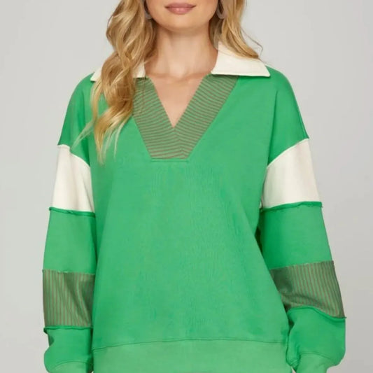 Color Block Sleeve Johnny Collar French Terry Sweatshirt — square view — Livostyle